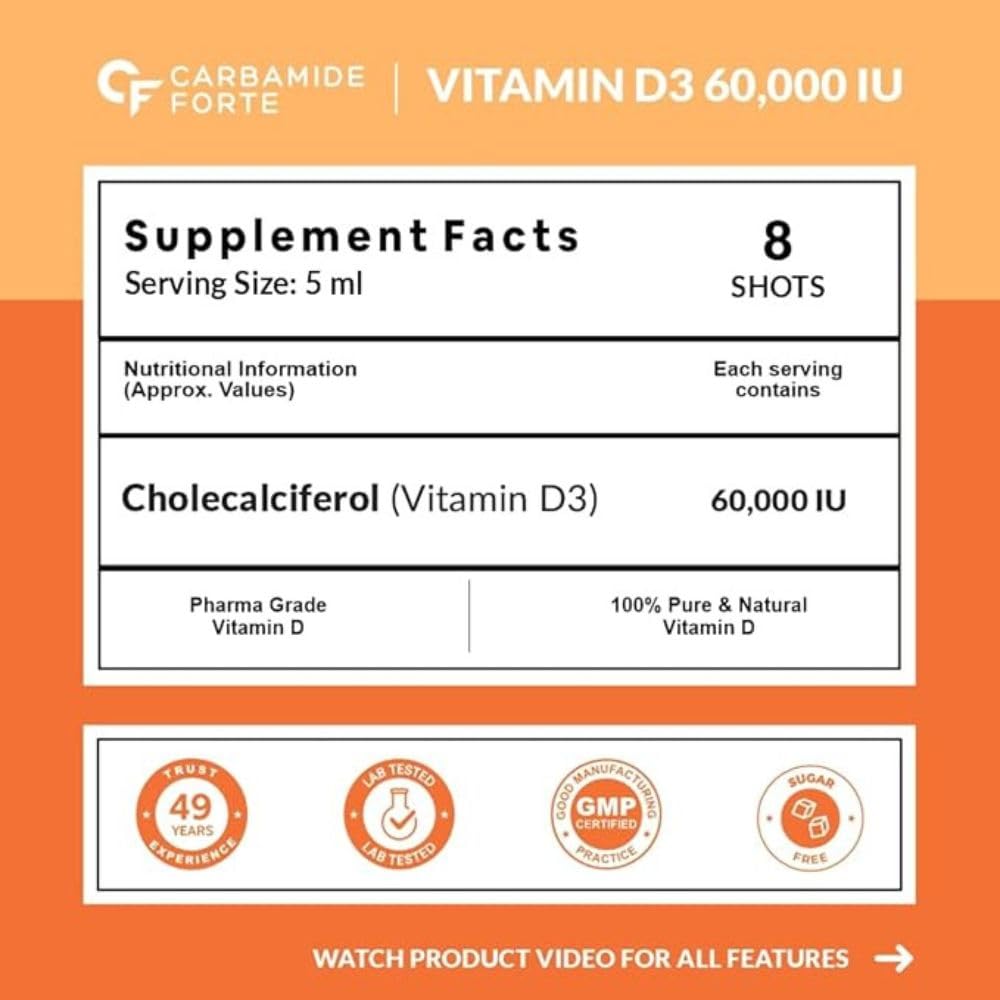 Carbamide Forte Vitamin D3 Shots 60000 IU | Cholecalciferol 60000 IU | Vitamin D Supplement | Vit D3 60000 IU | 8 X 5 ML
