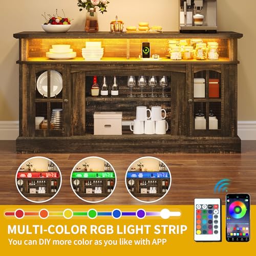 DWVO Farmhouse TV Stand for 65 Inch Television w/Outlets, LED Modern Entertainment Center with Glass Doors and Adjustable Storage Shelves, Media Console TV Cabinet for Living Room, Dark Rustic Oak