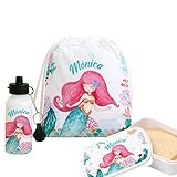 Pack Escolar Infantil Personalizado 3 Piezas – Mochila, Fiambrera y Botella de Aluminio. Vuelta al Cole, Excursiones y Regalo Original para Niños y Niñas. Kit Escolar Completo. (Sirena)