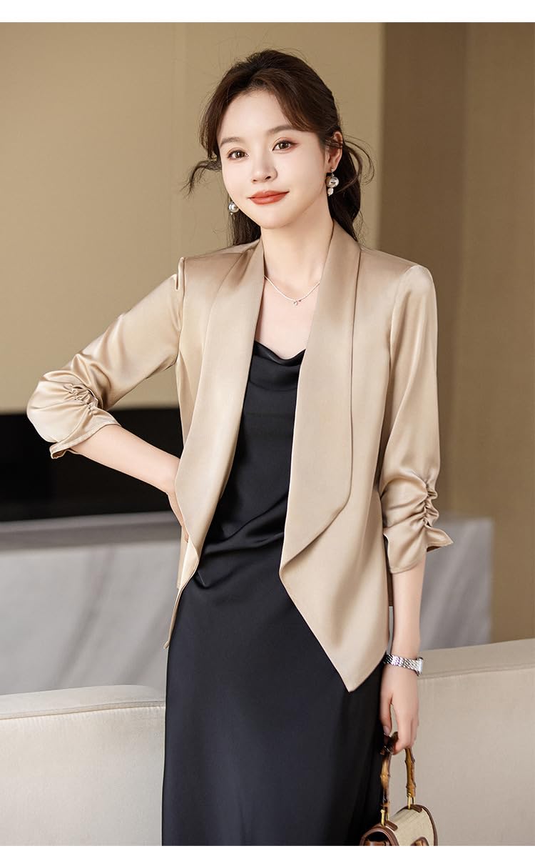 Blazer Estivo Leggero da Donna, Color Champagne, in Raso di Seta, con Maniche Arricciate A 3/4, Collo A Scialle, Giacca da Abito Aperta sul Davanti, vestibilità Slim Fit, Top da Lavoro E D