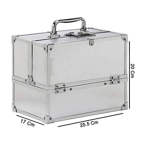 Image of Adson Professional Beauty Makeup Box Cosmetic Vanity Box /Case 25.5x17x20 cm 1 Count (Pack of 1) (Silver)