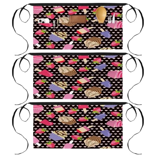 Tabliers courts de chef multicolores à motifs fraise avec 3 poches de chef