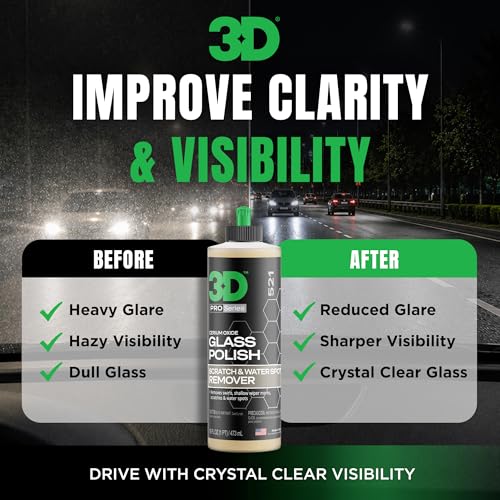 Image of 3D Glass Polish - Cerium-Oxide Based Window Polish, Light & Fine Glass Scratch Remover for Car Windows - Restores Clarity & Removes Wiper Marks, Swirls, Water Spots - 16oz (Pack of 2)