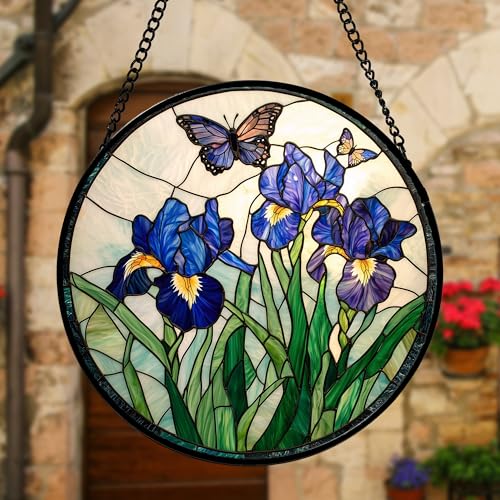 Image of DASTOLL Stained Glass Window Hanging, Blue Purple Butterfly Flower Suncatcher Diamond Colorful Glass Panel Sun Catchers Decor for Birthday for Women, Men, Wife, Aunt, and Mom 11.8 in