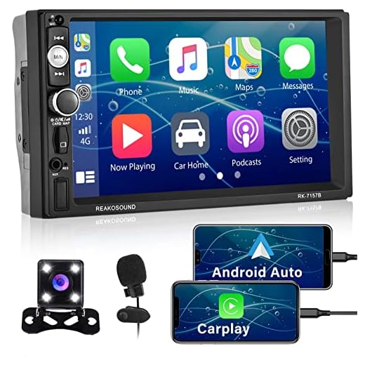 Hikity Car Stereo Double Din Car Play with Android Auto 2021 New 7 Inch Touchscreen Radio, Bluetooth FM Receiver, Mirror Link, SD AUX USB Input, Wireless Remote Control + Backup Camera & Microphone