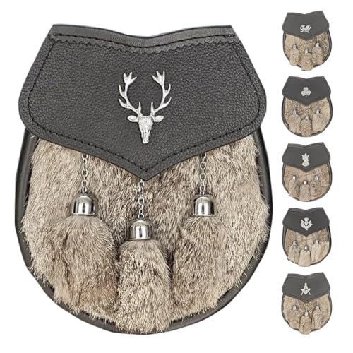 AAR Mens Semi Dress Formal Sporran Brown Rabbit Fur 3 Tassels Free Leather Belt Chain Stag Head One Size