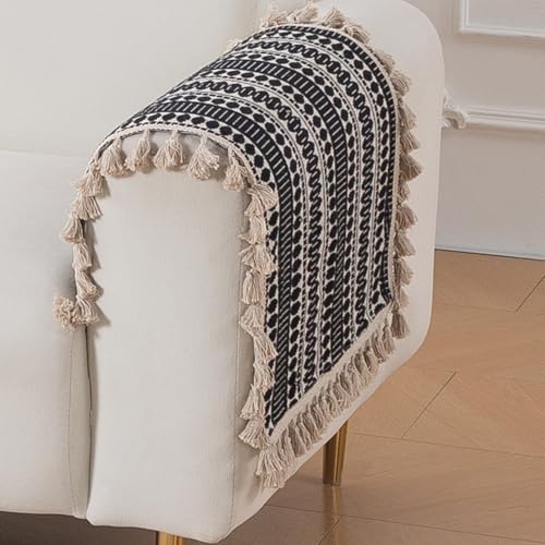 Image of HOKIPO 'Artisan Boho Series' Sofa Arm Cover with Tassel | 450 GSM Thick Cotton Acrylic Jacquard Fabric Armrest Mat Size 50x70 cm, Pack of 2, Charcoal Black (IN-899-A3*2SM)