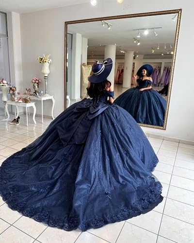 Mouccy Gorgeous Beaded Floral Quinceanera Dresses 2023 Off Shoulder Lace Prom Gowns Puffy Sweet 16 Dresses with Train XXF0512