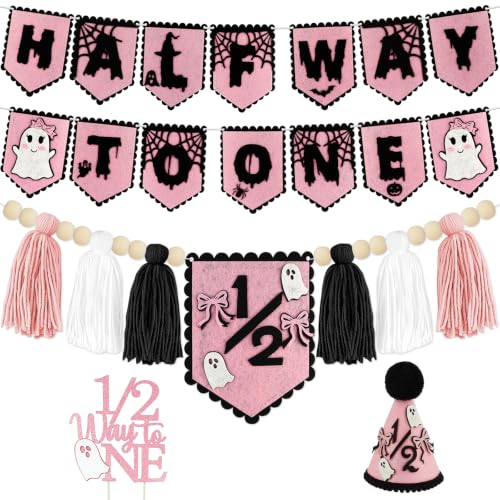 Image of 1 /2 Birthday Girl Half Birthday Decorations-Halloween Half Way to One Kits | 6 Months Birthday Decorations; High Chair Banner Boy;Wooden Cake Topper; Half Birthday Hat