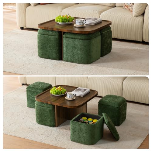 Square Coffee Table with Stools Underneath Wood Ottoman Coffee Tables with 4 Chenille Storage Ottomans & Seats Mid-Century Modern Coffee Table with Chairs for Living Room Small Space Walnut&Green