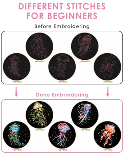 Image of TINDTOP 5 Pack Embroidery Kit for Adult, Embroidery DIY Starter Kit | for Beginners Include Embroidery Cloth Hoops Threads for Craft Lover Hand Stitch with Embroidery Skill Techniques