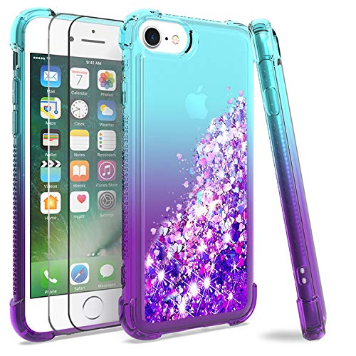 M MAIKEZI iPhone SE (2020)/6/6S/7/8 Case,with Tempered Glass Screen Protector [2 Pack], Gradient Quicksand Glitter Bling Flowing Liquid Floating TPU Bumper Cushion Protective Cute Case (Teal Purple)