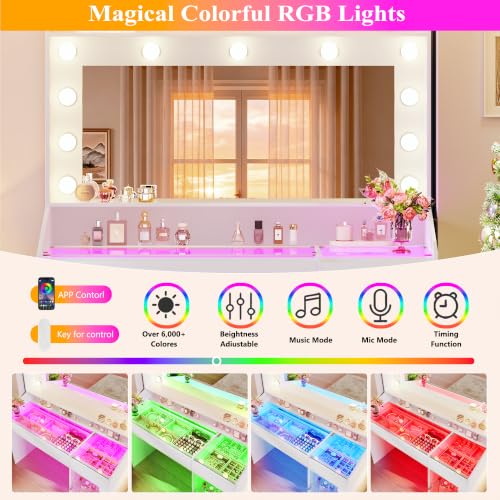 Image of HUAHUU Vanity Desk with Mirror & RGB Lights, White Makeup Vanity Table with 2 Transparent Top Large Drawers & RGB Cabinet, Vanity Desk with LED Lighted Mirror 3 Colors, Power Outlets, Flip-up Drawer