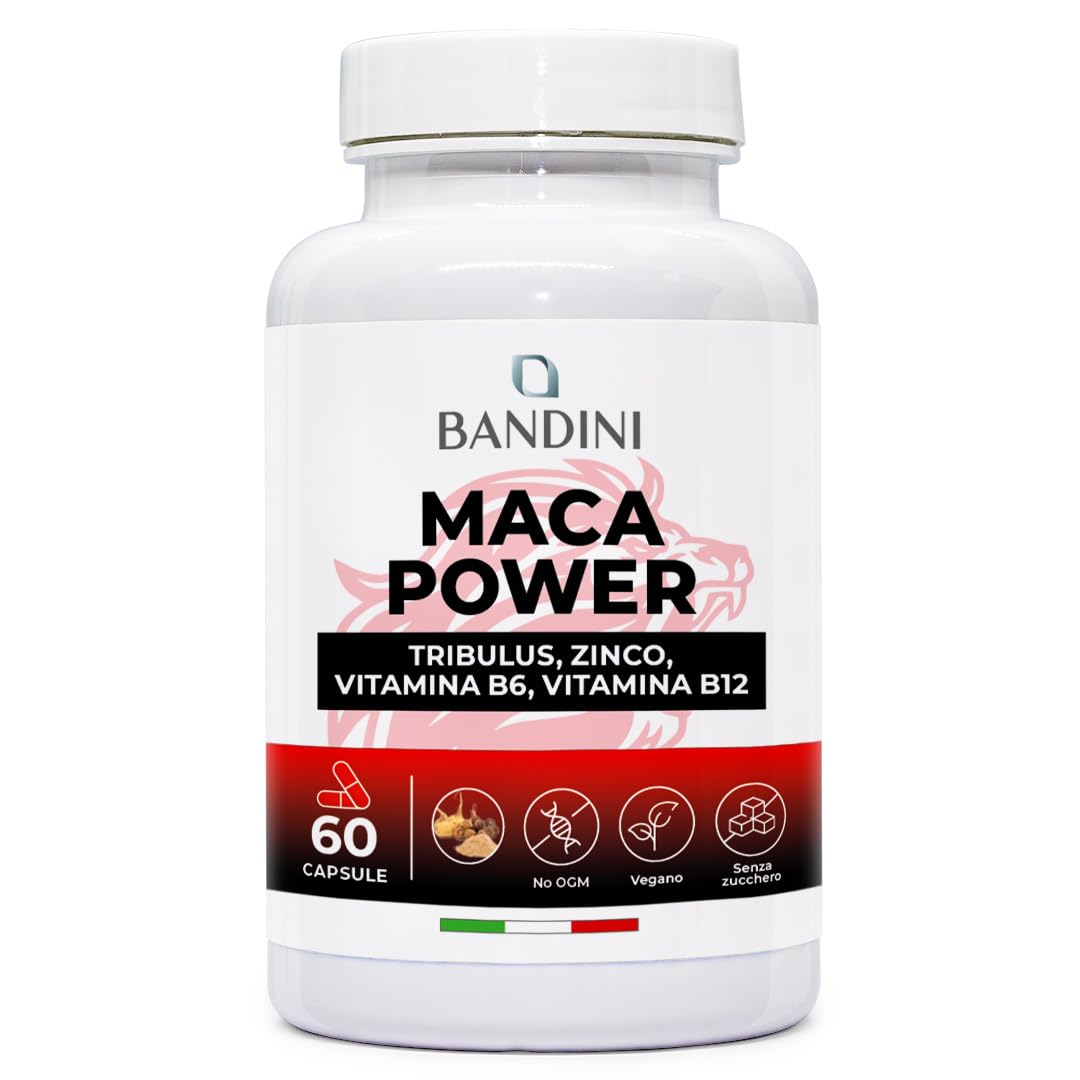 Bandini® MACA POWER Peruviana, 60 Capsule 100% Vegane, Complesso ad Alto Dosaggio con Tribulus, Arginina, Zinco, Vitamina B6 e B12 - Stanchezza Fisica e Mentale, Energia, Sport - Made in Italy