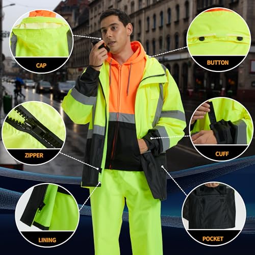 SRsafety High Visibility Rain Gear, Class 3 High Visibility Work Rain Gear for Men, Construction Rain Suits