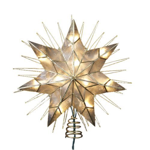 Kurt Adler 12' 7-Point Natural Capiz Lighted Tree Topper | Christmas Tree Star Topper | Gold Tree Topper Star with Lights | Light Up Star Christmas Tree Topper w/Wire Rays Accent (12 Inches, Gold)