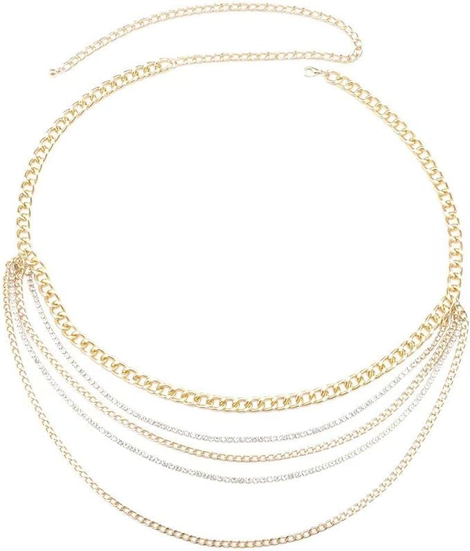 Multilayer Sparkly Bohemian Waist Chain Belt - Adjustab Lelayered Rhinestone Chain Belt for Women-image-17