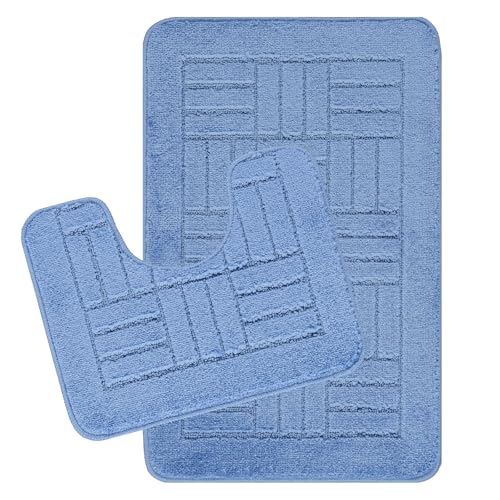 Livabliss Bath Mat Set - Bathroom Mats Sets 2 Piece, Washable Non Slip Bath and Toilet Mat Set - Bathroom Accessories with Absorbent Bathmat Rug, Shower and Co-ordinating Pedestal Carpet, Blue