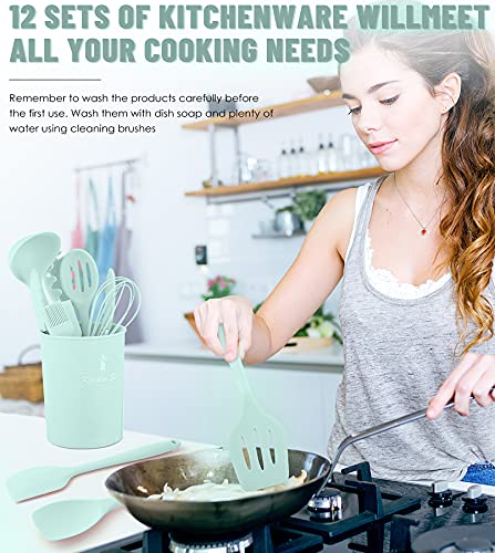 Image of Pranski Silicone Kitchen Utensils Set - 12 Pieces (Dishwasher Safe, Heat Resistant, Non-Stick, Green, Large) | Dishwasher Safe 392F Heat Resistant Spatula Set Kitchen Utensil Set for Nonstick Cookware,Best Kitchen Tools with Holder
