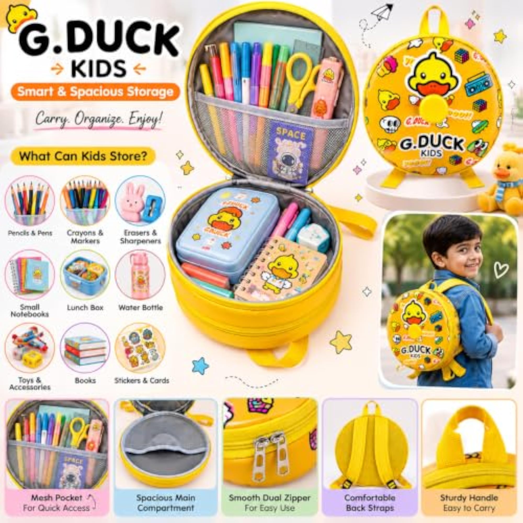 Round Cartoon Duck Kids Backpack for Boys & Girls, Cute Design