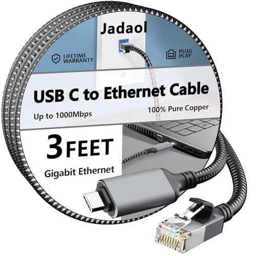 USB C to Ethernet Cable 3 FT, Driver-Free Type C to RJ45, Thunderbolt 3/4 Compatible, Plug & Play, Nylon Braided, 1Gbps Gigabit LAN for MacBook Pro/Air, iPhone 15 Pro/Max, Dell XPS, Galaxy S8-S23