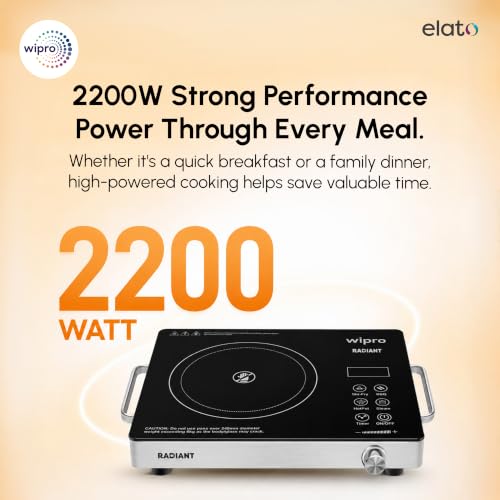 Image of Wipro Elato CIRC201 Infrared Radiant Cooktop 2200W |Works With ALL Cookware - Kadai, Glass, Clay, Aluminium & Steel |Preset Menus, Timer & Overheat Protection |Crystal Glass Top|Black|1 Year Warranty