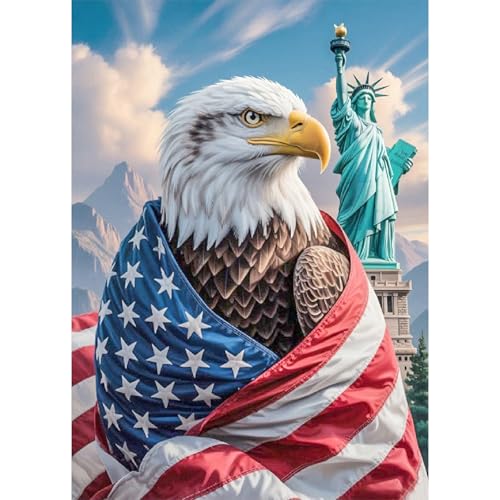 Image of 4th of July DIY 5D Diamond Painting Kits for Adults, American Flag Eagle Diamond Art Kits for Adults, Statue of Liberty DIY Full Drill Round Diamond Painting Patriotic Wall Decor 12x16 Inch