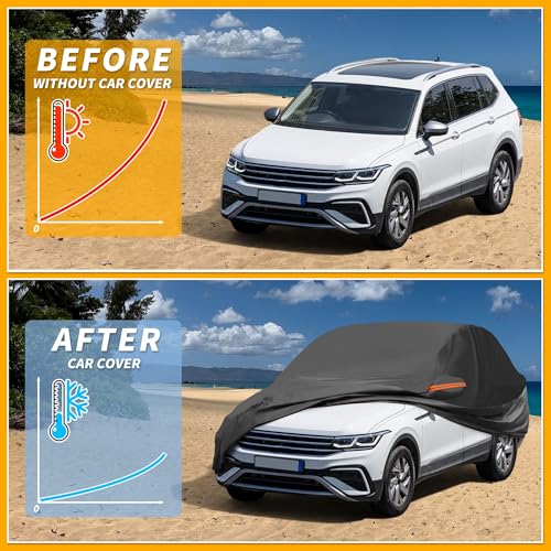Image of All-Weather Waterproof Car Cover - UV-Resistant Outdoor Full Exterior Protection for Volkswagen Tiguan SWB 210D-PU Black with Right Side Zipper