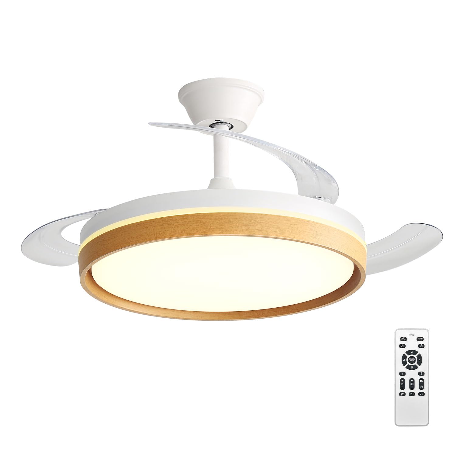 Ventilador de Techo con Luz LED 60W, con Mando a Distancia, Ø42in, 6 velocidades, temporizador, aspas retráctiles, 3 temperaturas de luz, función verano-invierno, 5600LM,Marco de efecto madera,Blanco