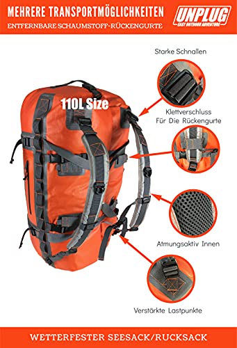 Unplug Ultimate Adventure Bag -1680D Heavy Duty Waterproof Duffel Bag for Boating, Motorcycling, Hunting, Camping, Kayaks or Jet Ski. Gets Gear Through Any Conditions (110L, Adventure Orange)