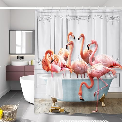 LIGHTINHOME Funny Flamingo Shower Curtain 60Wx72H Inches Tropical Animal Bathing in Bathtub Pink Wildlife Modern for Girls Women Cloth Fabric Waterproof Polyester Bathroom Home Decor Set with Hooks