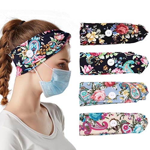 ELABEST Boho Headband with Button Yoga Wide Headbands Criss Cross Sports Hair Band Ear Protection Bandeau Flower Head Wrap Elastic 4pcs Head Band for Women and Girls