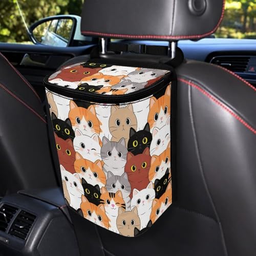 Image of Talayituse Cartoon Cat Print Car Trash Can Portable Auto Garbage Bin Multifunctional Vehicle Interior Accessories with Adjustable Straps Universal Fit Truck SUV Sedan