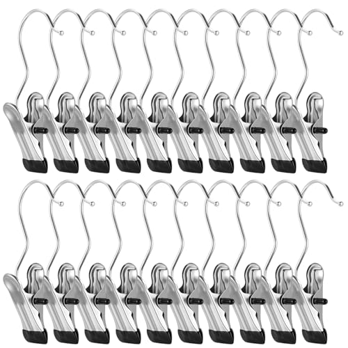26 Stück Wäscheklammern mit Haken, Edelstahl Wäsche Haken, rutschfest Kleiderbügel Clips, 360° Drehbarer Klammerhaken, Metallklammern Stiefel Aufhänger für Wäschehaken Schuhe Hosenhaken Schuhclips