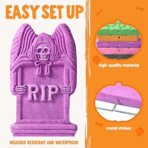 Image of JOYIN 17 inch Halloween Foam Tombstones (5 Pack), Colorful RIP Graveyard Tombstones Decorations Outdoor with Metal Stakes for Yard Lawn Garden Halloween Party Decor