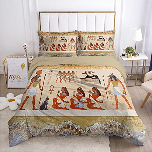 KAABUN Housse De Couette Egypte fresque Fille 200X200Cm 2 Taies D'Oreillers 65X65cm 2 Personnes Literie en Microfibre Parure De Lit avec Fermeture Éclair Cover
