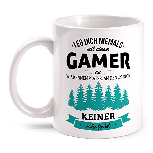 Tasse Leg dich niemals mit einem Gamer an beidseitig bedruckt mit Spruch | Geburtstag Geschenk Idee Computer Spieler PC Zocker,