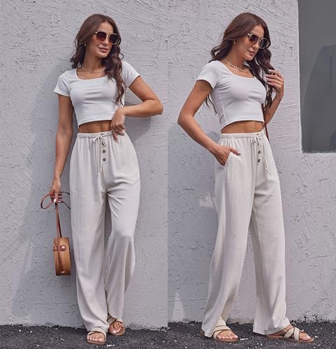 Fakanhui Women's Cotton Linen Wide Leg Pants Summer Relaxed Loose Comfy Casual Flow Baggy Slacks Linen Pants3