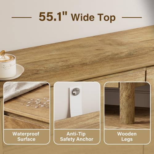 Image of Furniway 55 inch Wide 8 Drawer Wood Dresser for Bedroom with Legs, Natural Oak