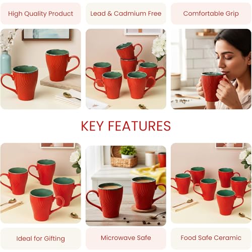 Image of The Earth Store Red Fusion Wave Coffee Mug - 300ML Ceramic Coffee Mugs Set of 4 | Microwave & Dishwasher Safe Mugs for Gift | Home | Office | Restaurant | Daily Use Tea Mug