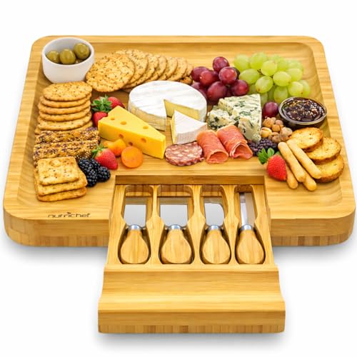 NutriChef Bamboo Natural Cheese Board Set with Bonus Condiment Cup-Extra Large Size 100% Home Organic Wooden Plate and Charcuterie Tray with 4 pcs Cutting Knife Slicer, 13' Square