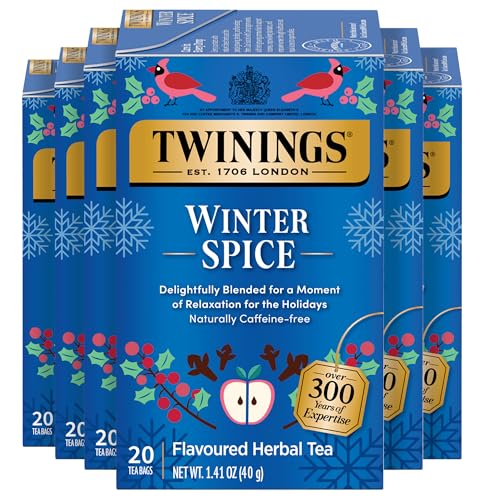 Twinings Winter Spice Herbal Tea Individually Wrapped, 20 Count (Pack of 6), Camomile, Apple, Cinnamon, &amp; Clove, Caffeine-Free, Enjoy Hot or Iced, 120 Teabags