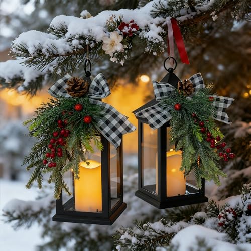 Image of Christmas Decorative Lantern with LED Candle - Black Lantern with Pinecones, Black Bow - Battery Operated Christmas Table Centerpiece for Indoor Decor(1pack)