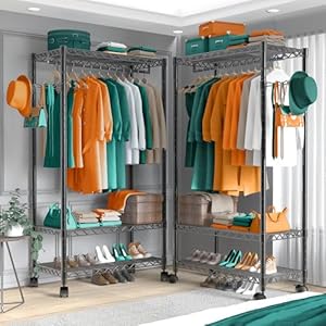 Heavy Duty Clothing Garment Rack, Freestanding Clothing Rack, Portable Closet Wardrobe with 3 Adjustable Wire shelves 1 Side Hook and 1 Clothe Rod for Hanging Clothes, Black Heavy Duty Clothing Garment Rack Freestanding Clothing Rack Portable Closet Wardrobe with 3 Adjustable Wire shelves 1 Side Hook and 1 Clothe Rod for Hanging Clothes Black