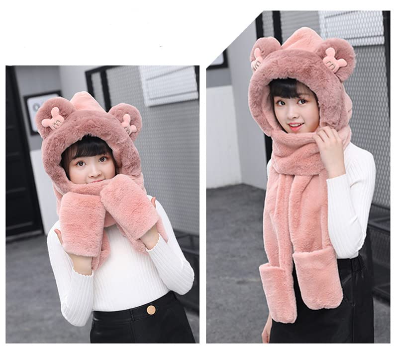 Kid Animal Hooded Scarf Girl Winter Trapper Hat with Earflap 3 in 1 Cute Bear Rabbit Beanie Children Plush Pocket Glove Set2