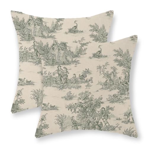 Taie d'oreiller Toile De Jouy Vert Sauge Style Campagne Française Vintage Pillow Covers Infroissable Housse De Coussin pour Canapé Linge De Lit 2 Piece 45X45...