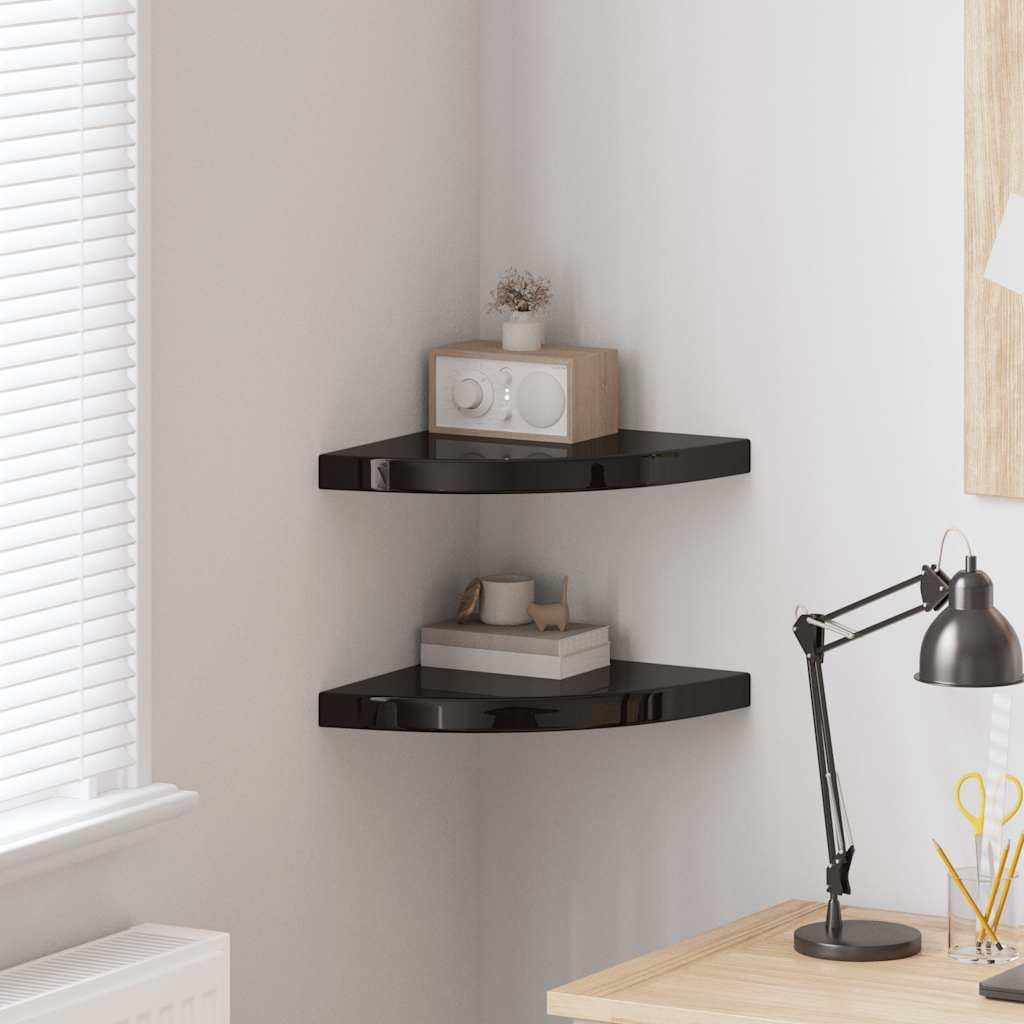 vidaXL Corner Shelf Set of 2 High Gloss Black Honeycomb MDF, Metal