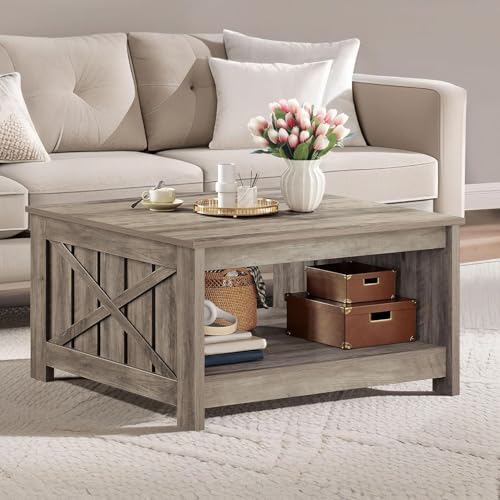 DWVO Square Coffee Tables for Living Room Farmhouse Coffee Table with Storage, 2-Tier Wood Center Table with Half Open Storage Compartment for Home Decor, Office, Rustic Grey