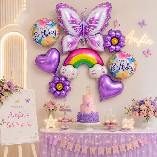 Image of AMFIN (Pack of 8) Butterfly Theme Birthday Balloon Bouquet Purple Metallic Finish Foil Women Girls Decoration Item Kit Rainbow Flower