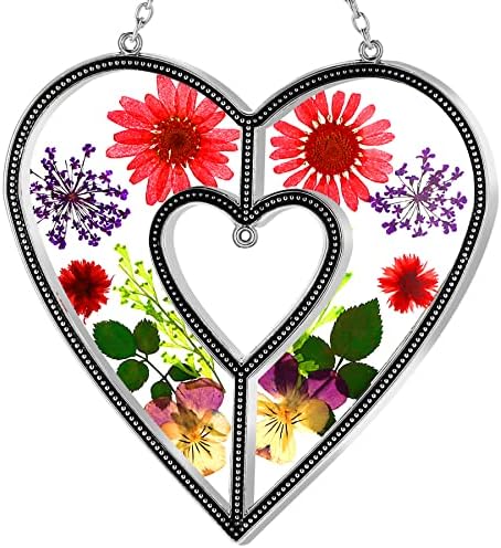 KY&BOSAM Heart Suncatcher DIY Silver Metal & Stained-Glass Sun Catchers Hangings Ornament Wind Chime for Window with Pressed Flower Heart Embedded in Glass Mother`s Day Valentine's Birthday Gift
